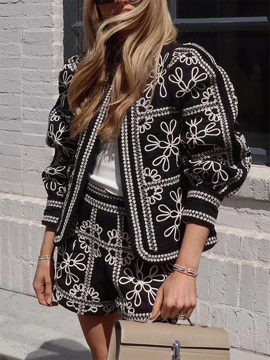 Women'S Retro Open Front Printed Embroidered Jacket, Lightweight Casual Long Sleeved Autumn Street Fashion Cardigan