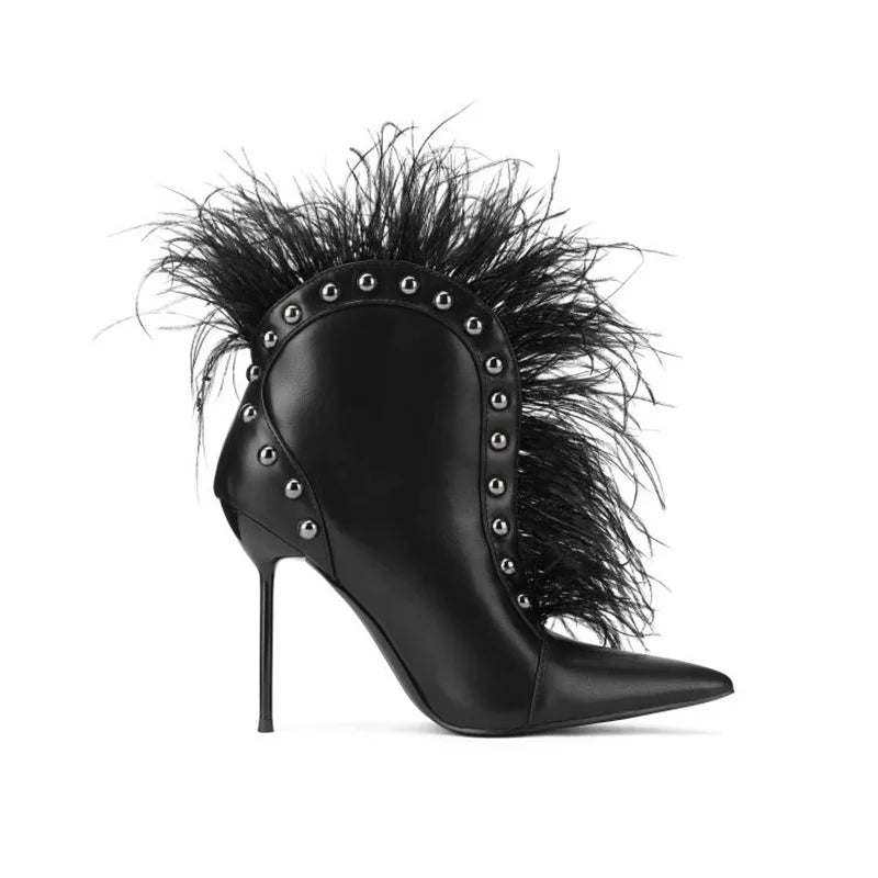 Feather Rivet Embellished Pointed Toe Ankle Boots for Women