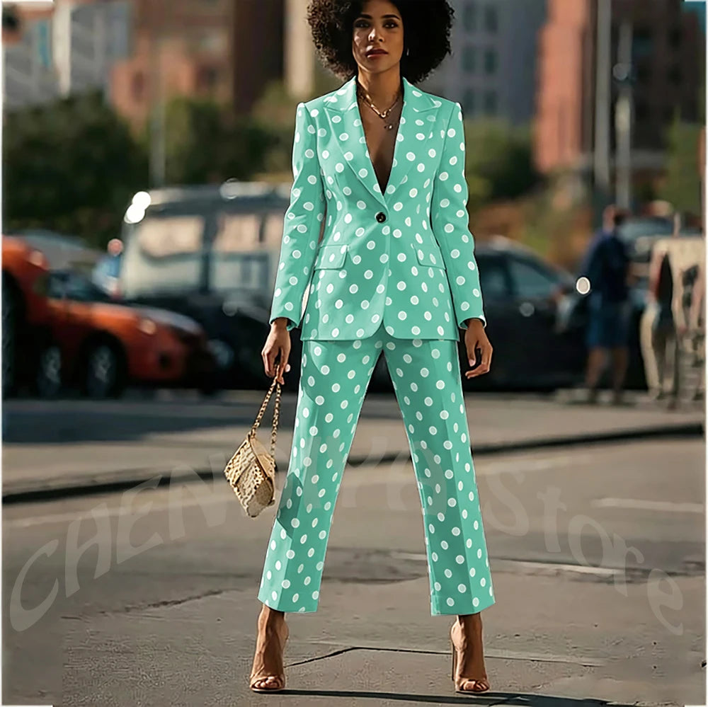 White Polka Dot Women's Suit 2 Pieces New Design Single Button Blazer Ankle Pants Fashion Set Formal Party Business Office Wear