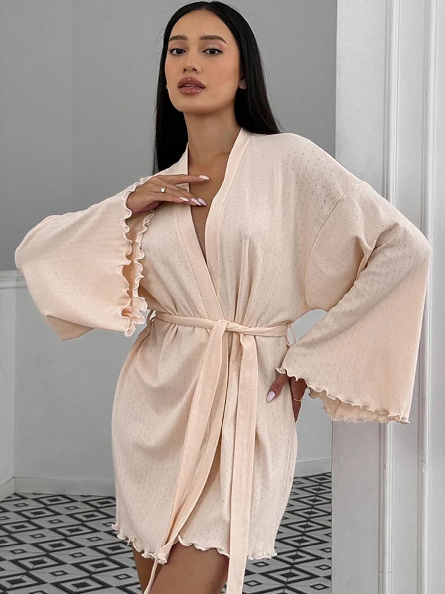 Comfortable Knitted V Neck Pajama And Robe Set For Women