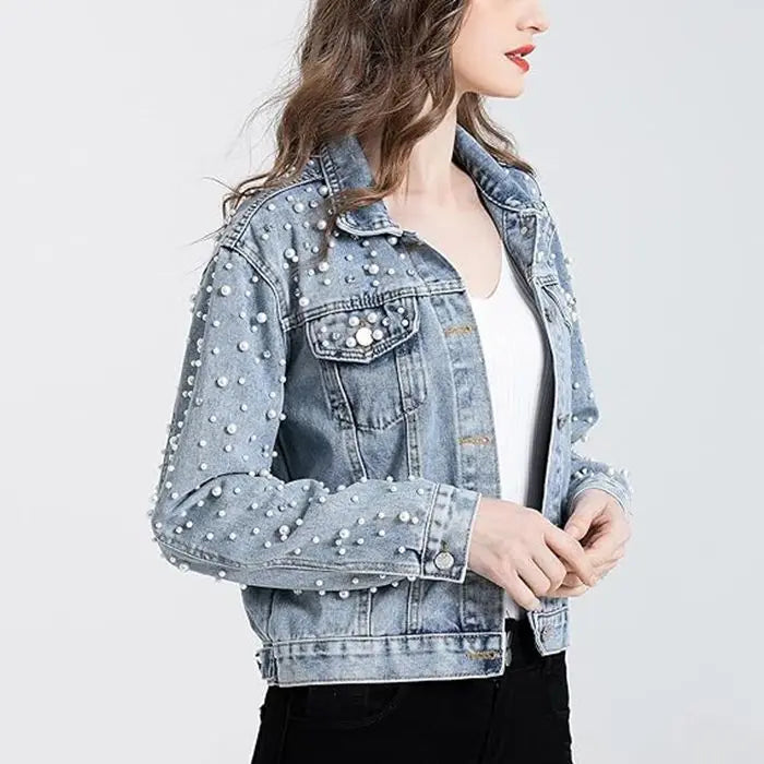 Pearl Beaded Lapel Long Sleeve Denim Jacket for Women