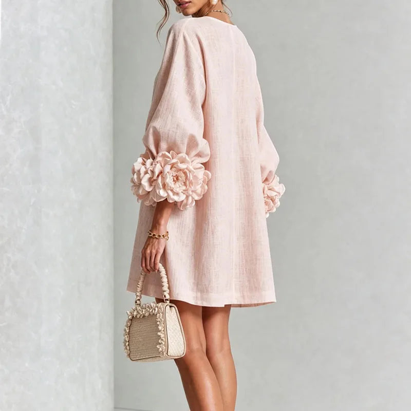 Elegant 3D Flower Bubble Sleeve Mini Dress for Women