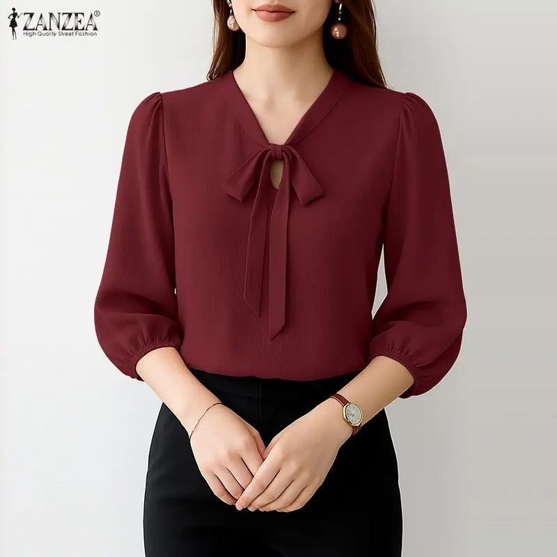 Crinkled Bow Tie Neck Puff Sleeve Blouse for Women