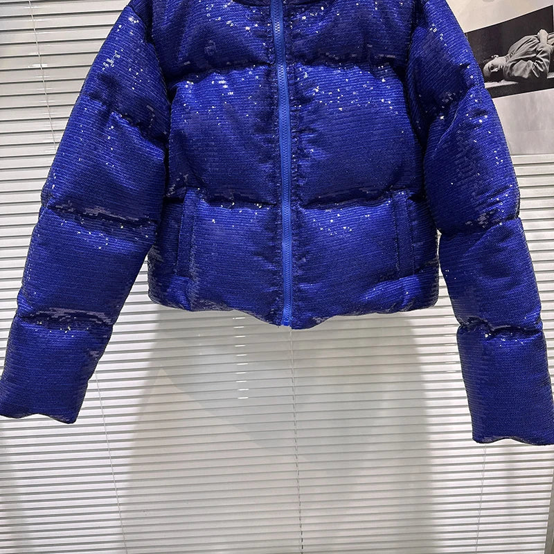 Shiny Sequin Stand Collar Padded Winter Jacket For Women