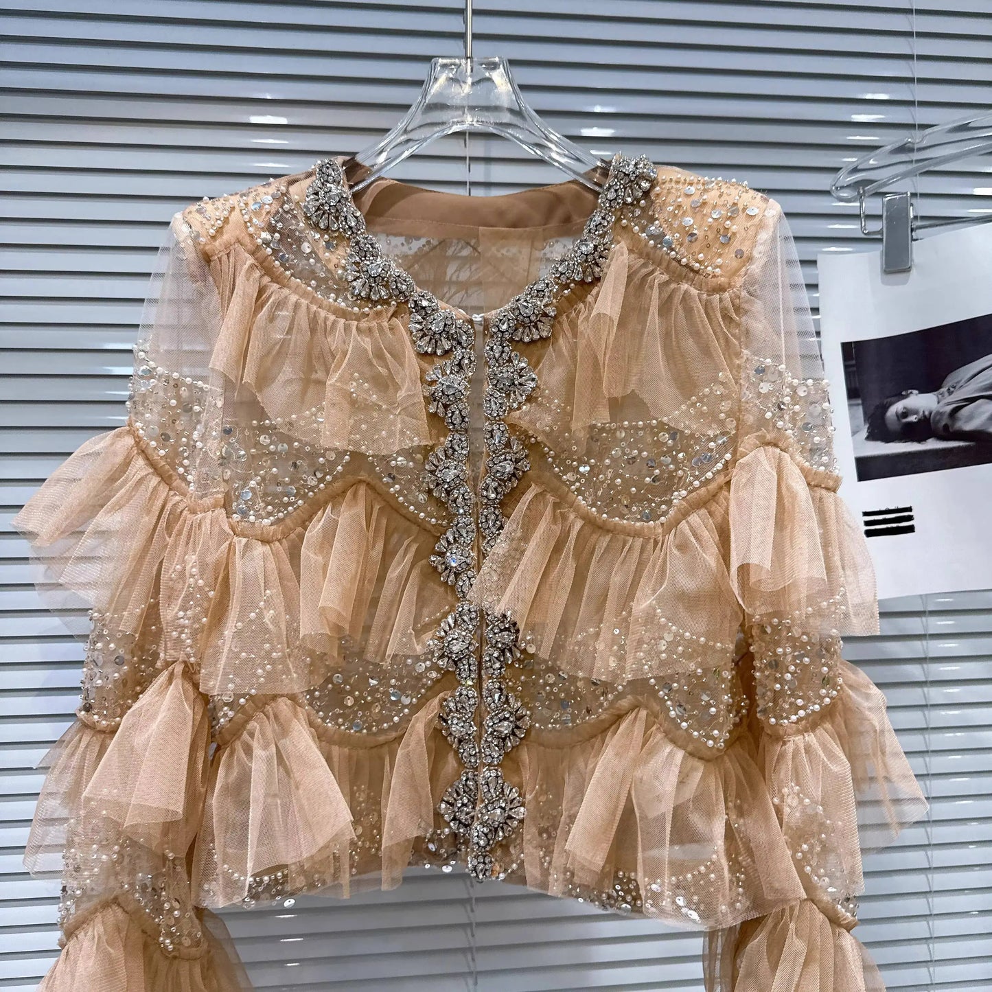 Open Front Rhinestone Beaded Sequined Mesh Coat For Women