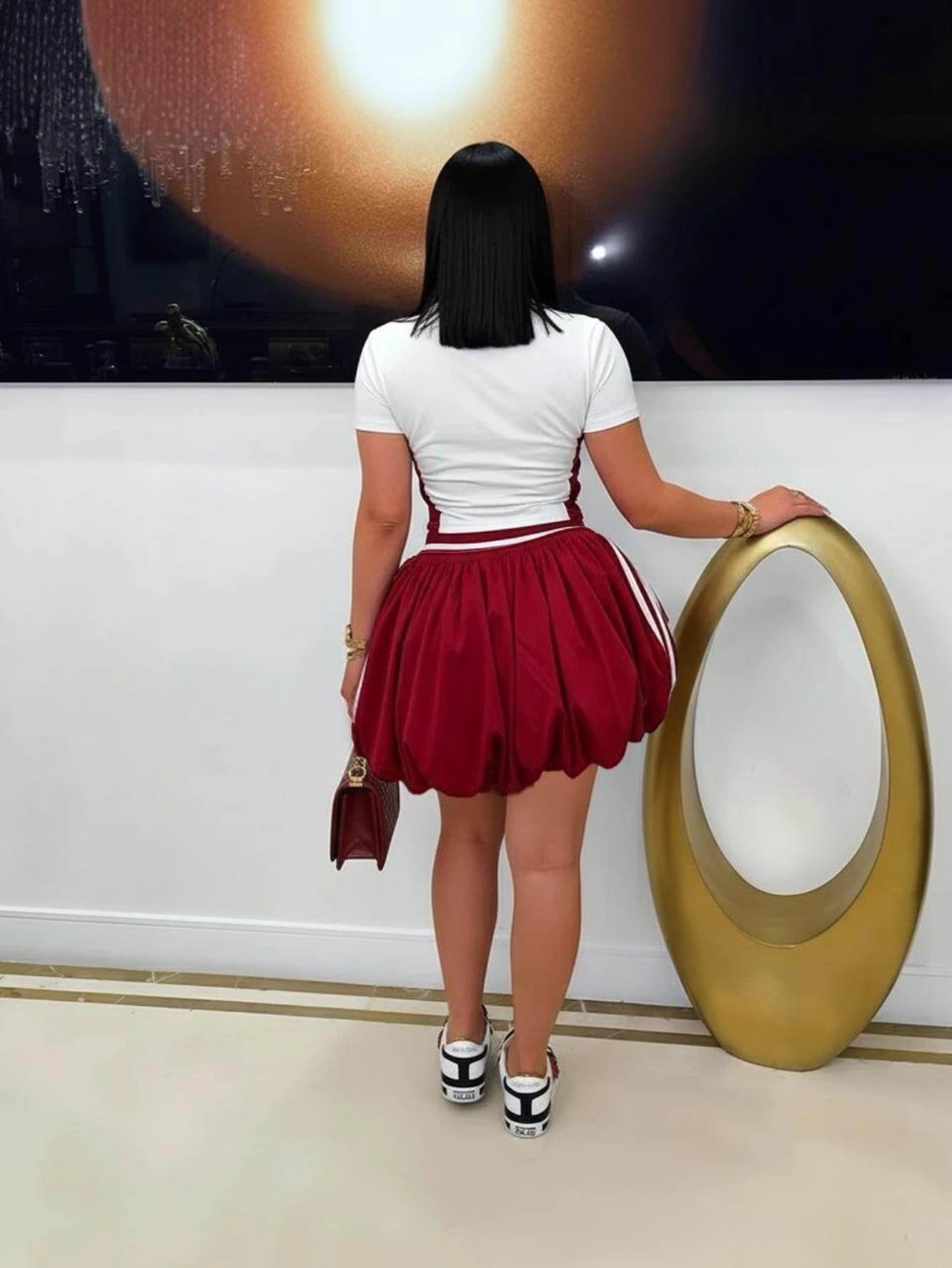 Women's Short Sleeve Color Block Polo Crop Top Matching Bubble Mini Skirt For Daily Street Sport Casual Weekend Occasions