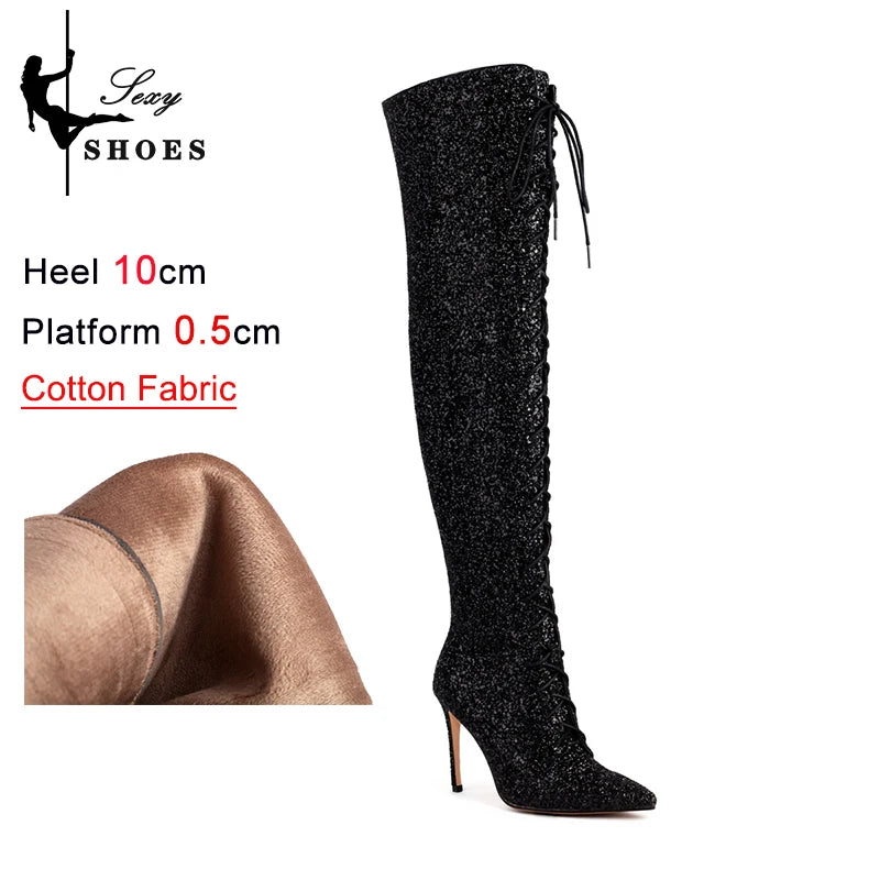 Shiny Sequined Over The Knee High Heel Boots for Women