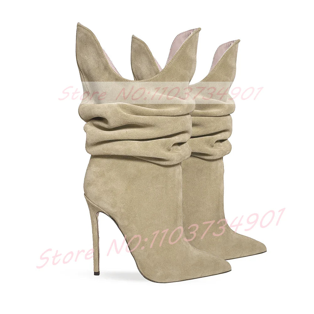 Fuchsia Pleated Pointy Toe High Heel Suede Ankle Boots For Women