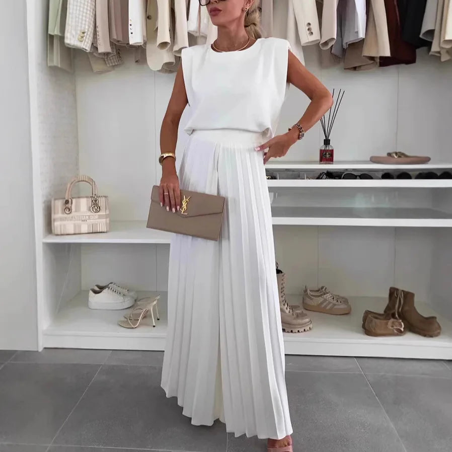 Pleated Sleeveless O Neck Top Wide Leg Pants Two Piece Suit for Women