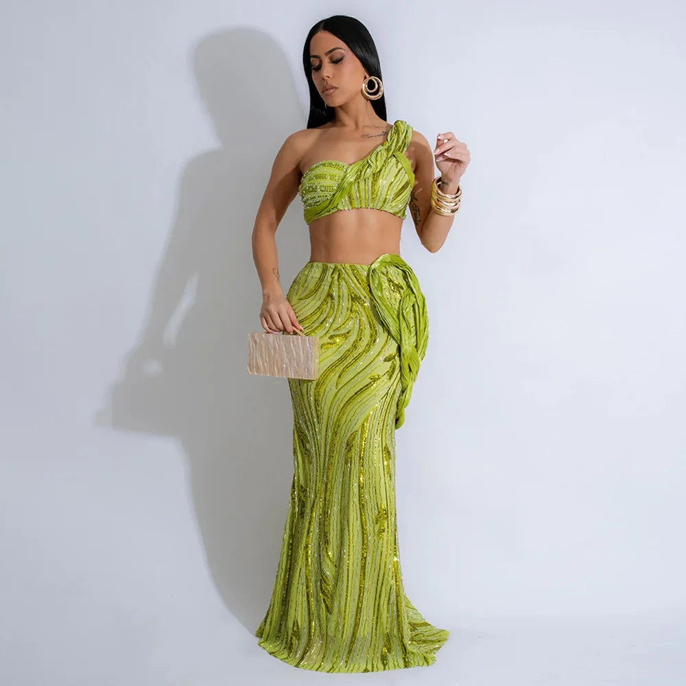 CM.YAYA Women’s Dress Set Mesh Sequined Ribbon Sleeveless Strap Top + Long Skirts Sets 2 Two Pcs Sets Sexy Party Evening Oufits