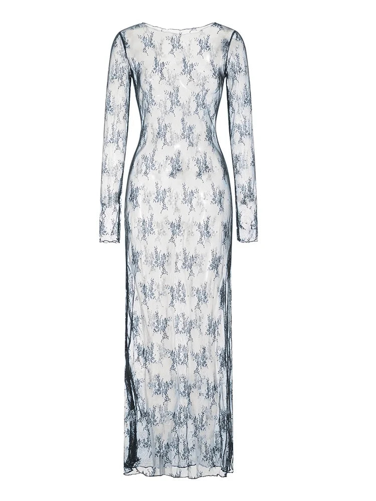 See-Through Lace Dress with Long Sleeves High Slit for Women