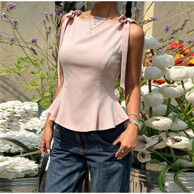 Lace Up Bow Detail Round Neck Sleeveless Top For Women