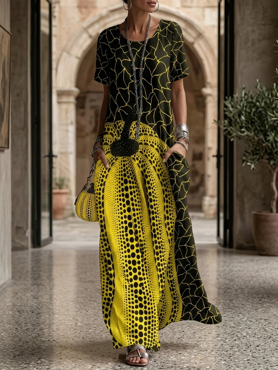 Casual Artistic Print Short Sleeve Maxi Dress For Women