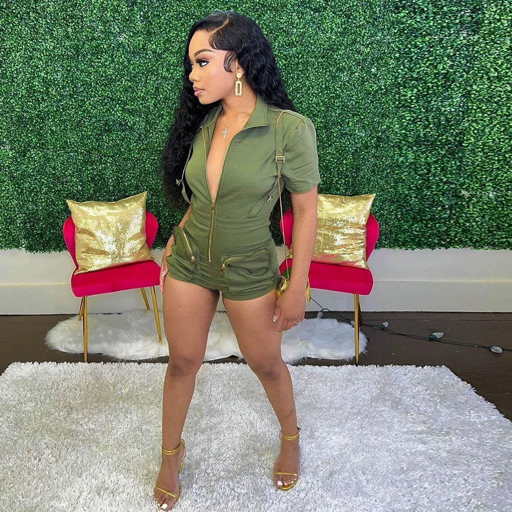 Solid Color Pocket Cargo Short Sleeve V Neck Romper for Women
