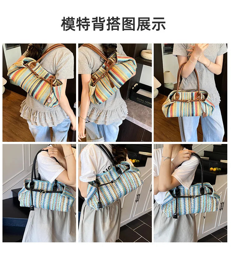 Large capacity rainbow woven tote bag, women's new versatile commuting beach bag, shoulder bag