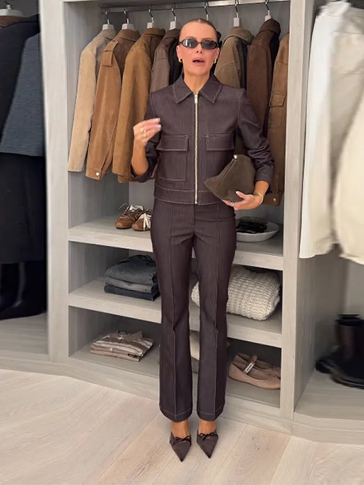 Vintage Turn Down Collar Denim Coat And Pants Set for Women