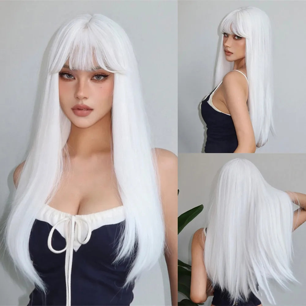 Long Straight Black Synthetic Wig With Bangs for Women