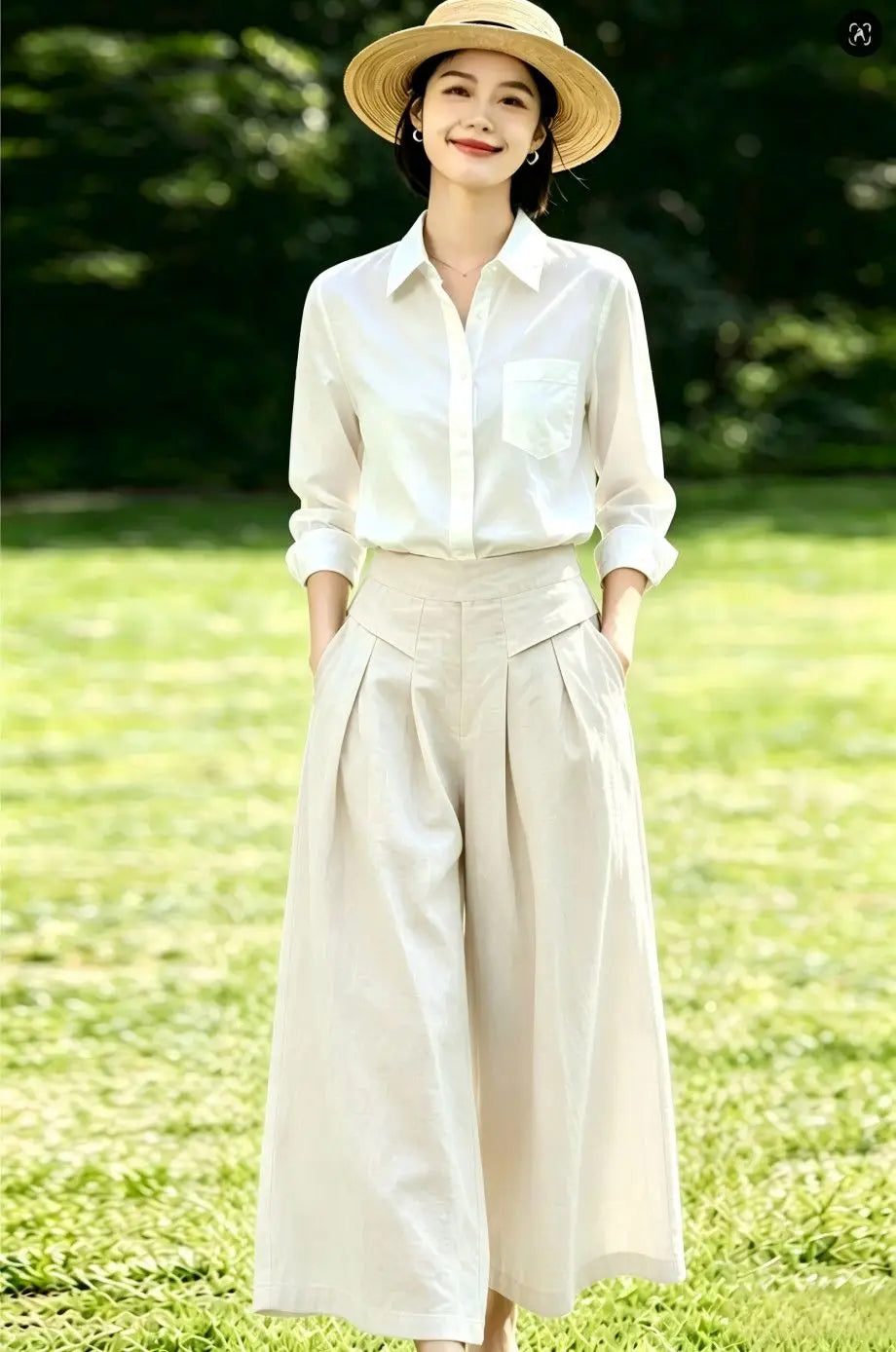 High-Waisted Cotton Linen Wide-Leg Culottes for Women