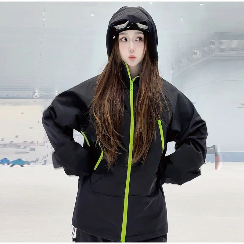 Waterproof Fleece-Lined Hooded Windbreaker Set for Women
