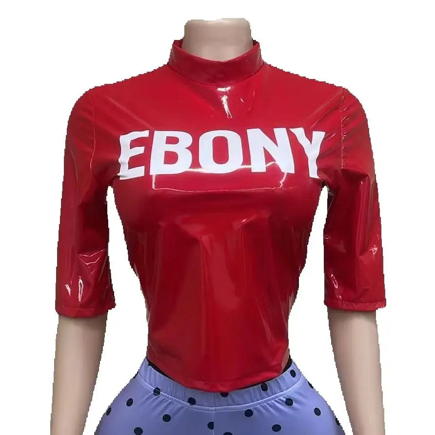 Short Sleeve Faux Leather Turtleneck Top for Women