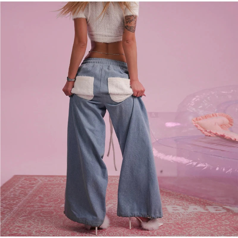 Contrast Lapel Zip Up Denim Jacket and Trousers Set for Women