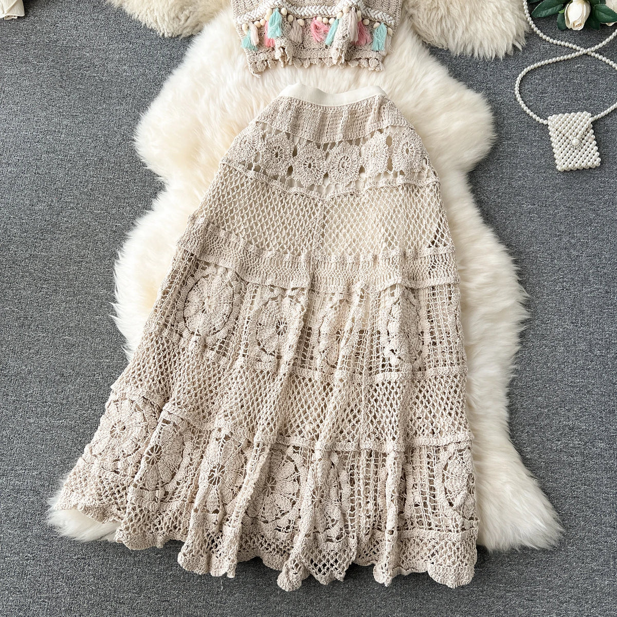 Bohemian Knit Tassel Crop Top and Skirt Set for Women