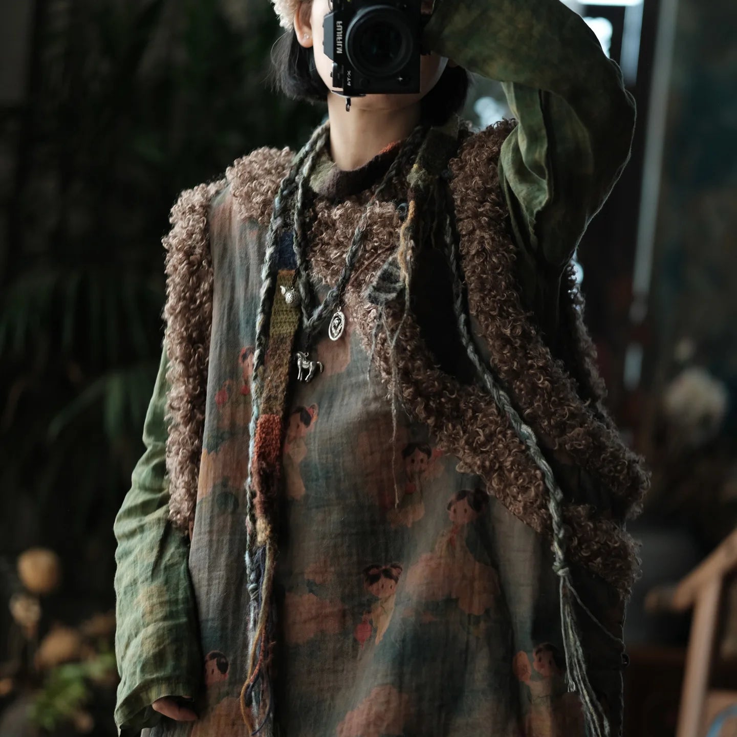 Winter Vintage Cartoon Print Knit Vest Coat for Women