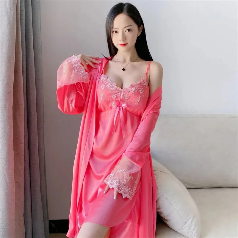 Comfortable Relaxed Fit Lace Up Two Piece Robe Set For Women