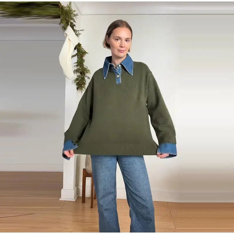 Long Sleeve Denim Collar Half Button Knit Top For Women