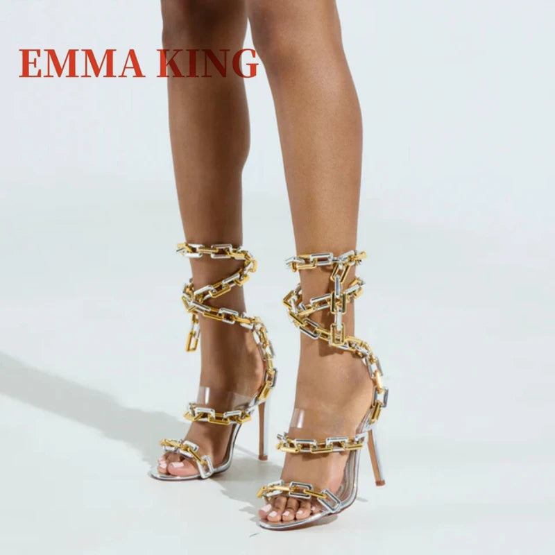 Gold Chain Straps Ankle Wrap Extra High Thin Heel Sandals for Women