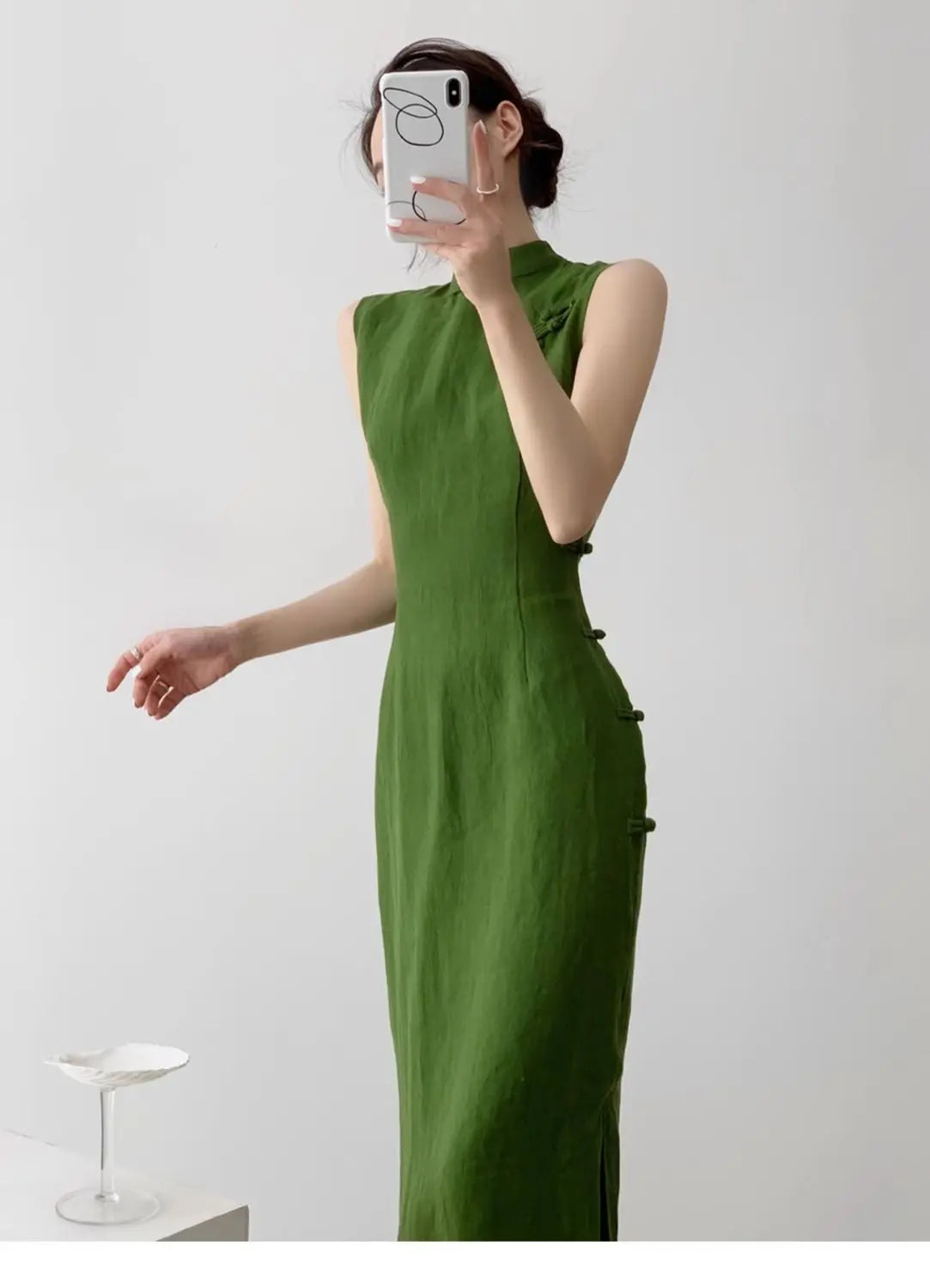 Moss Green Retro Chinese Style Cheongsam Dress for Women