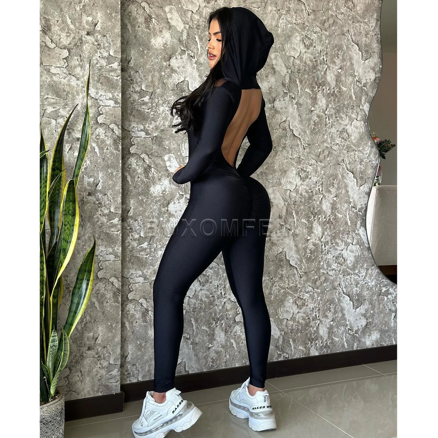 Women's Black Hooded Tight Fitting Jumpsuits 2025 Summer Lady Long Sleeve Suits Women's Low Back Sets Outfit Y2K New Club Wear