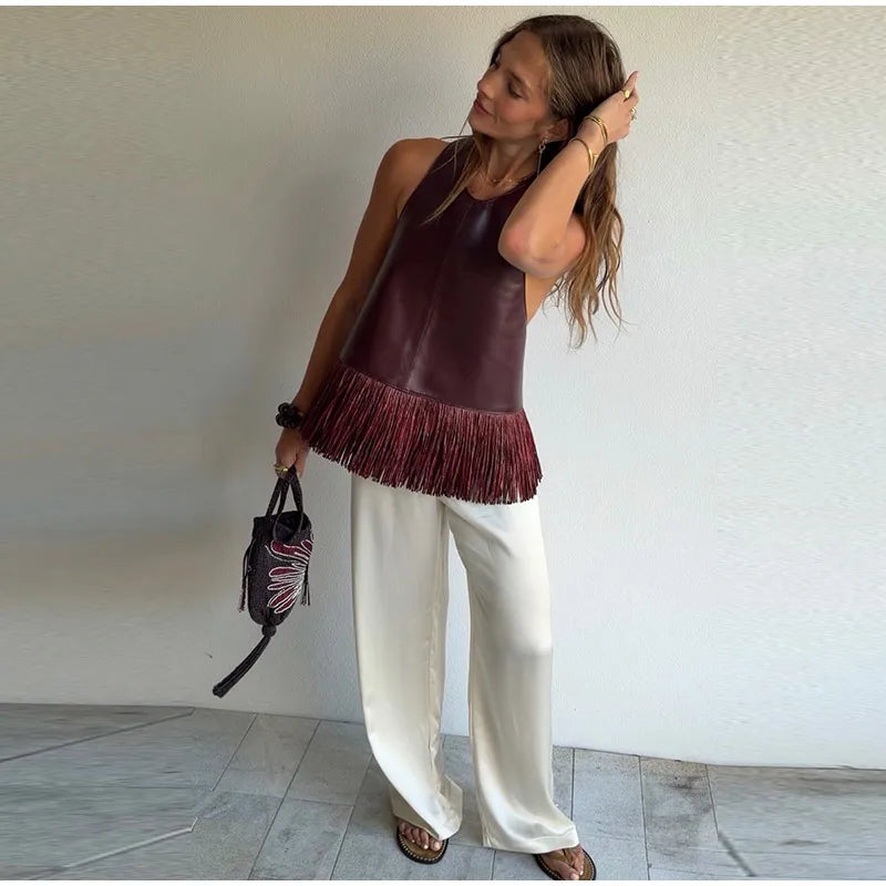 Faux Leather Patchwork Fringe Halter Top for Women