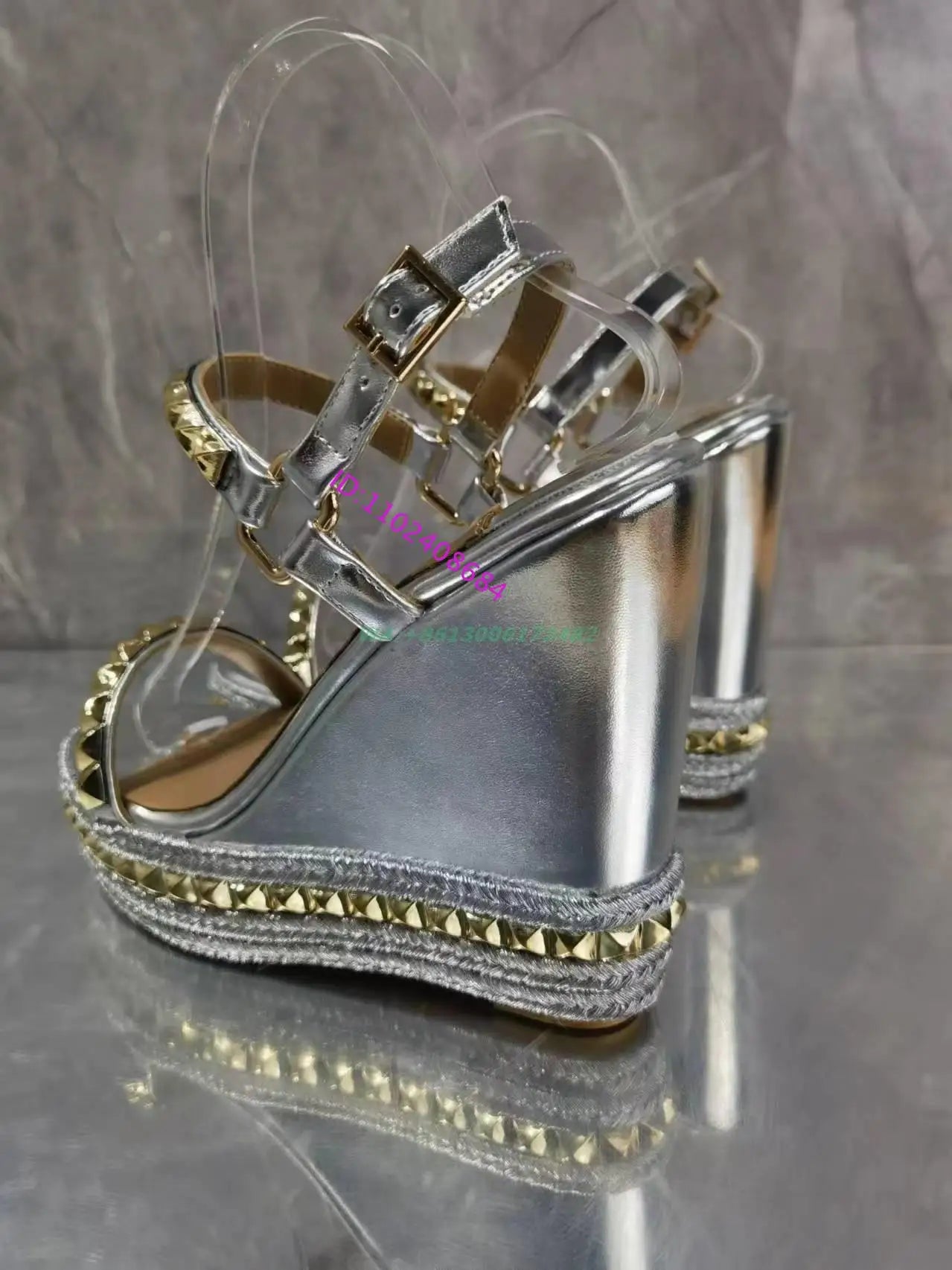Design Women Summer Silver High Wedge Sandal Open Toe Gold Rivets Wedge Heel High Platform Slingback Buckle Strap Silver Sandal