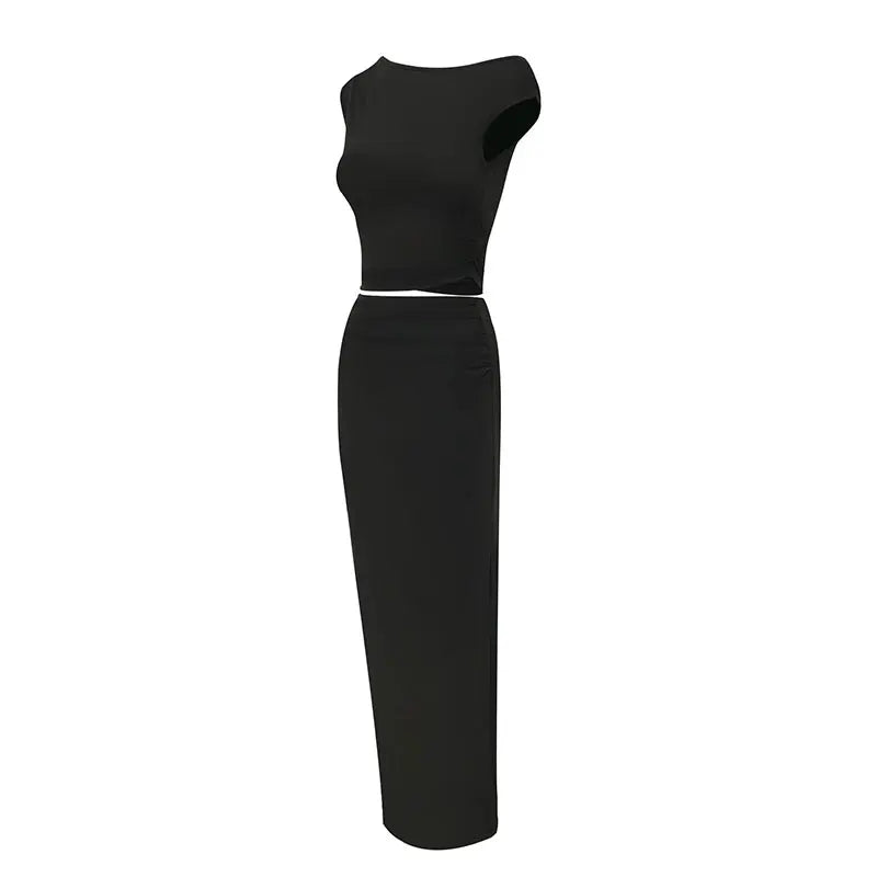 Women's Tank Maxi Skirt Spring New Two Piece Fashion Tank Black Sexy Split Skirt Lady Casual Slim Elegant High Quality Clothing