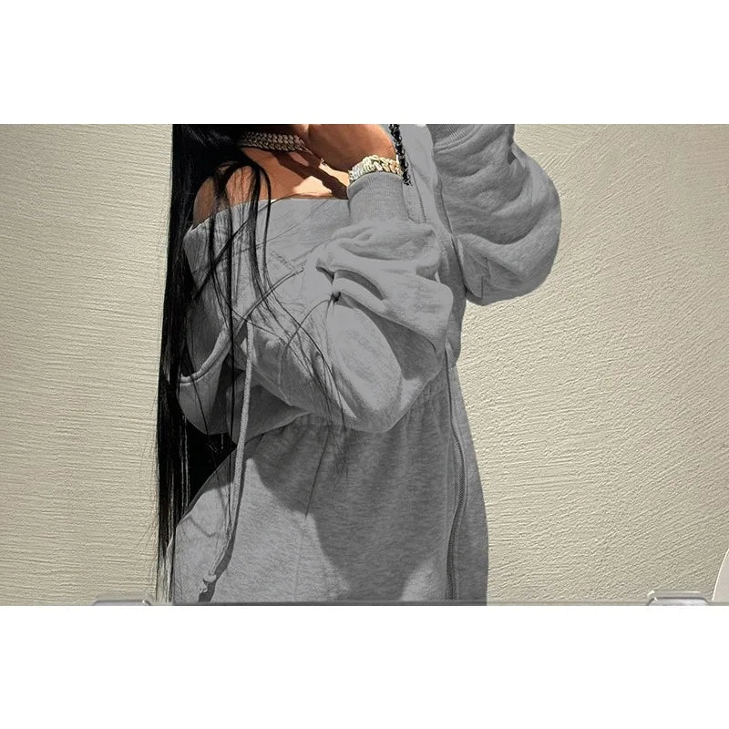 Hooded Short Dress for Women Summer and Fall 2025 New Casual Sexy High Waisted Zipper Short Dresses Solid Long Sleeved Dress