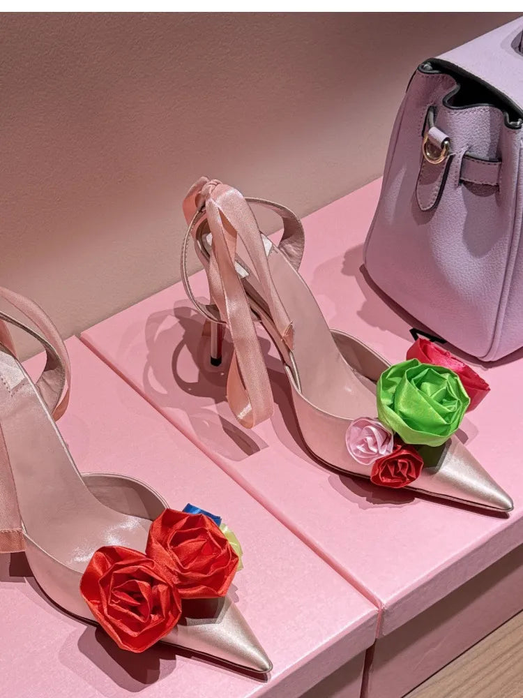 Rose Flower Pointed Toe High Heel Sandals for Women