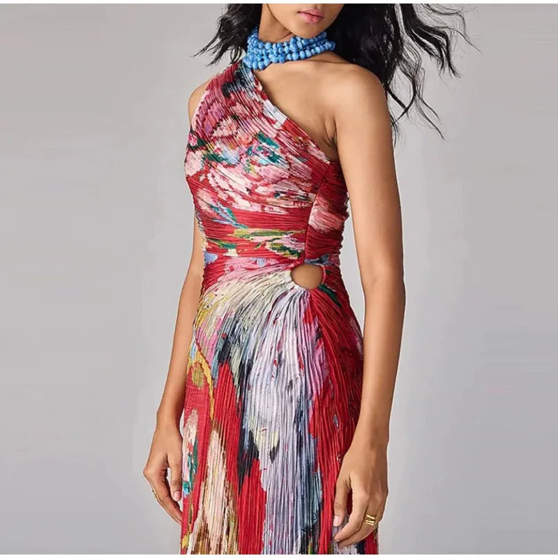 Printed Slanted Shoulder Sleeveless Maxi Dress for Women