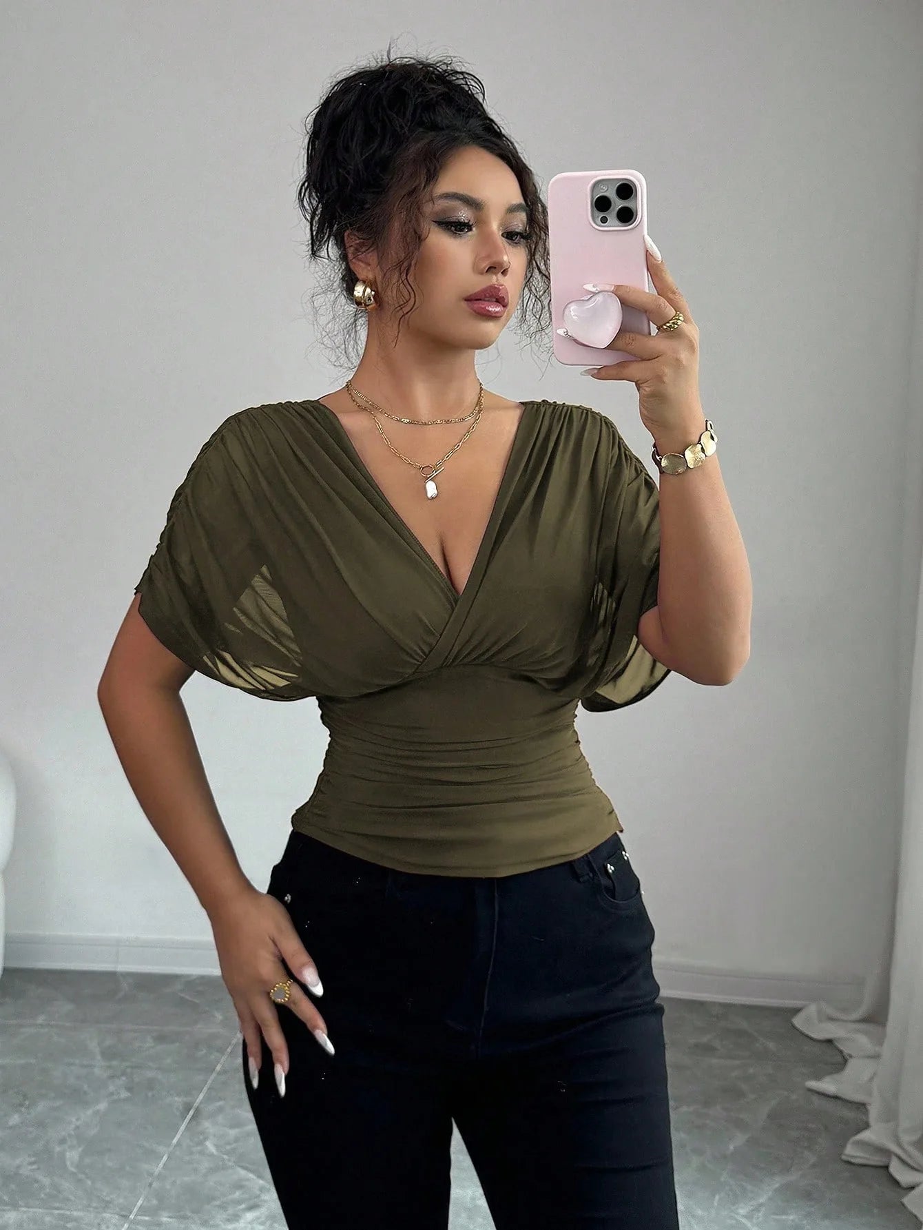 Elegant Deep V Neck Flutter Sleeve Waist Cinching Top for Women