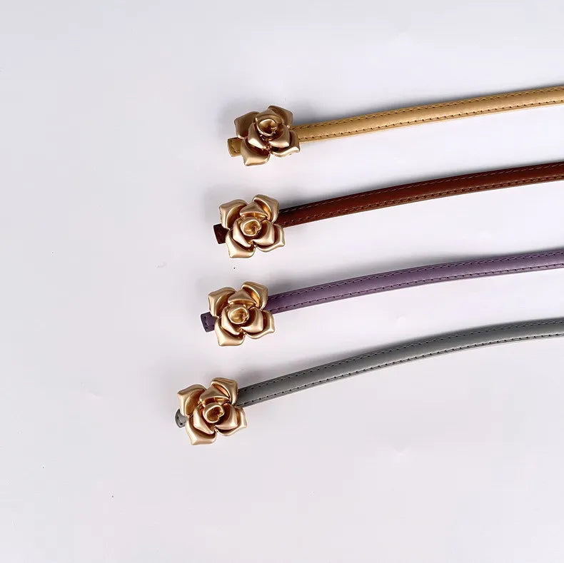 Double Sided Metal Flower Buckle Thin Belt for Women