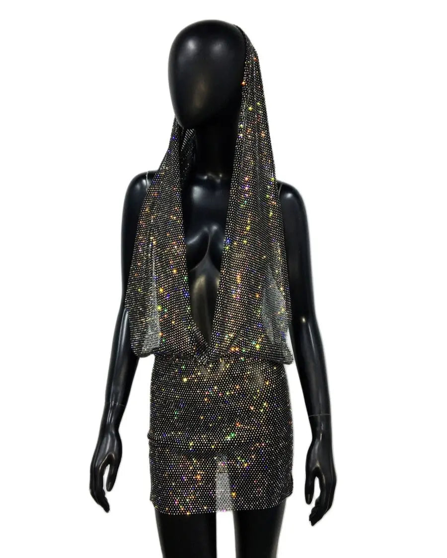 Y2K Rhinestone Sheer Mesh Festival Mini Dress for Women