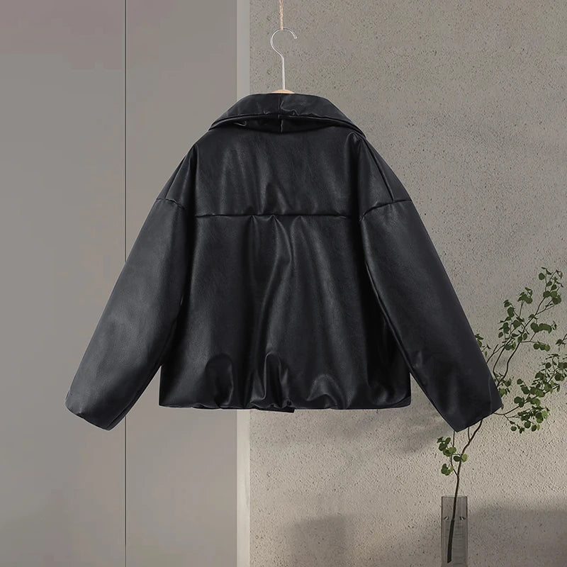 PU Leather Women's Cotton Coat Vintage Laple Full Sleeve Thicken Pockets Female Parka Jackets 2025 Autumn Winter Lady Streetwear