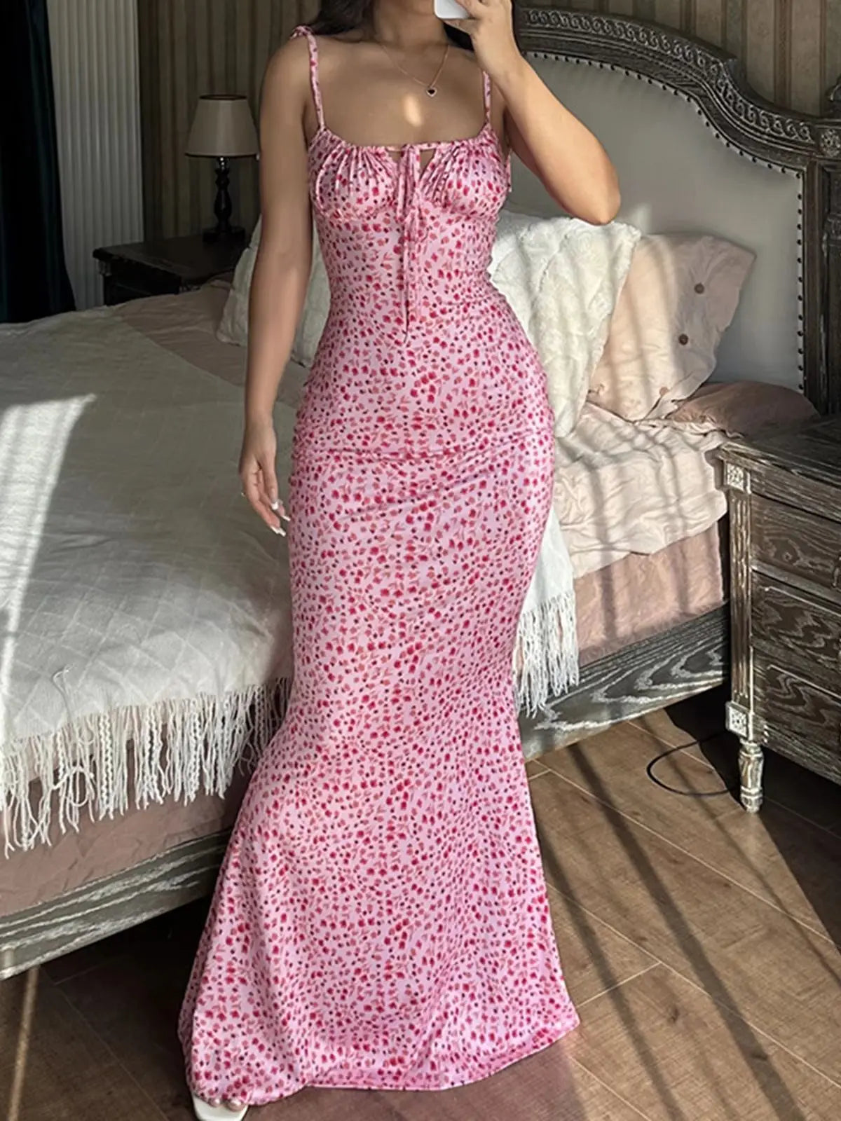 Floral Spaghetti Strap V Neck Midi Dress for Women