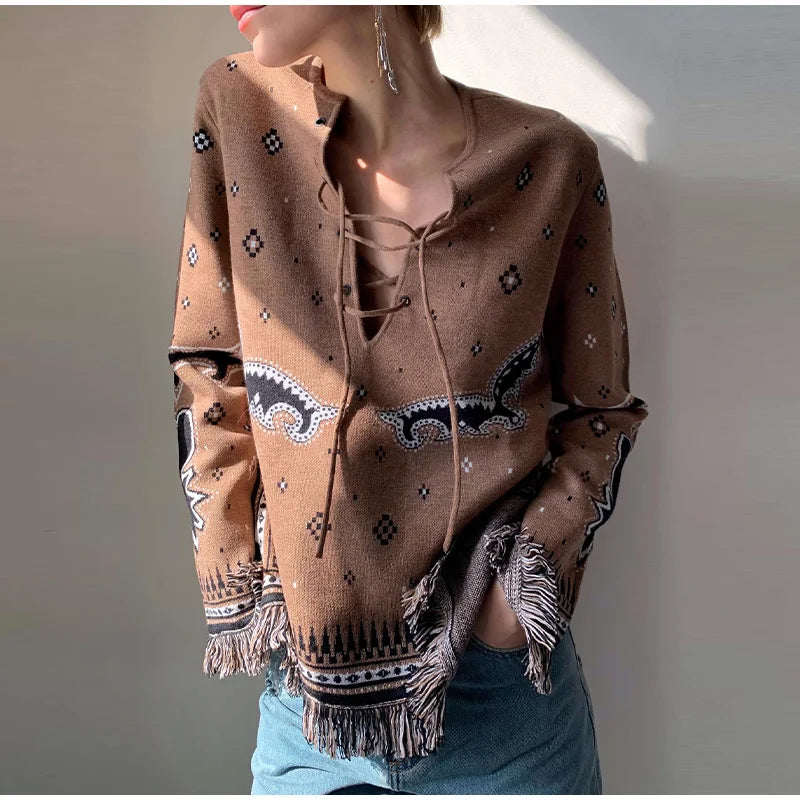 Ethnic Tassel Women 's Sweater Knitted V-neck Bandage Thicken Full Sleeve Jumper For Woman Winter Woman Coats Jacket Knitwear