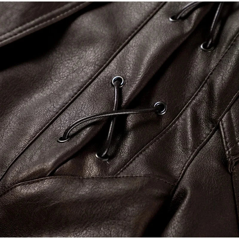 Women Leather Bomber Jackets Coats With Belt Notched Shoulder Pads Motorcycle Street Chic Short Outwear Fashion Solid Lace Up
