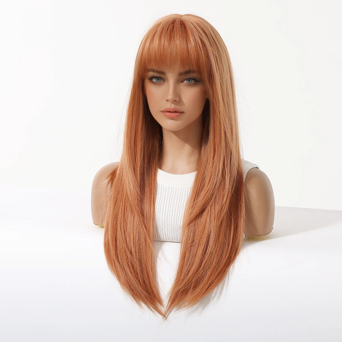 Long Layered Orange Straight Wig With Bangs for Women