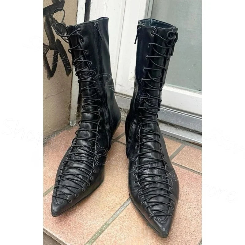 Black Patchwork Cross Tie Pointed Toe Heeled Boots for Women