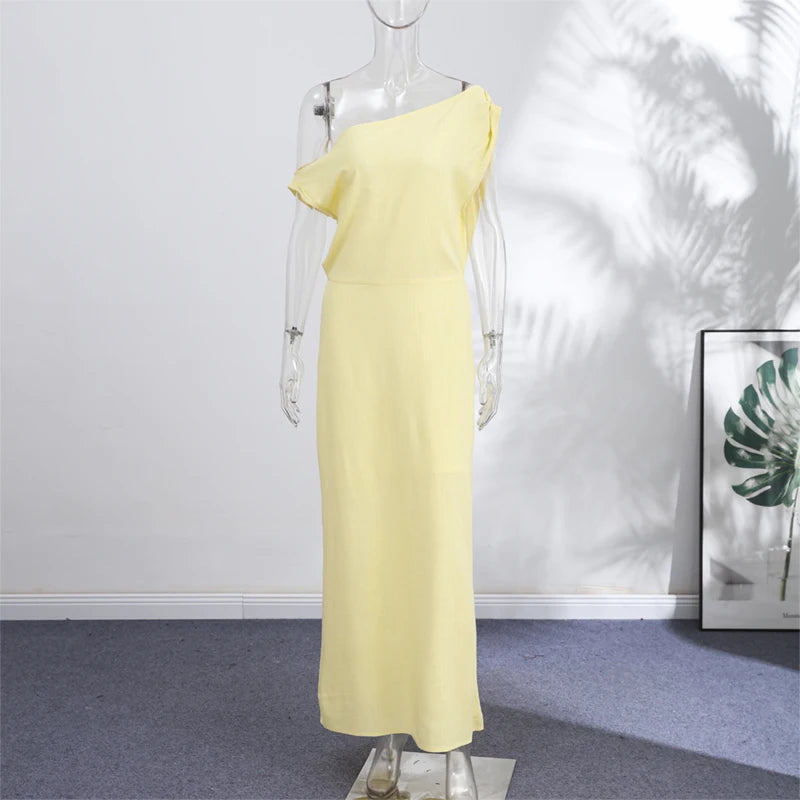 Elegant One Shoulder Side Split Ankle Length Dress for Women