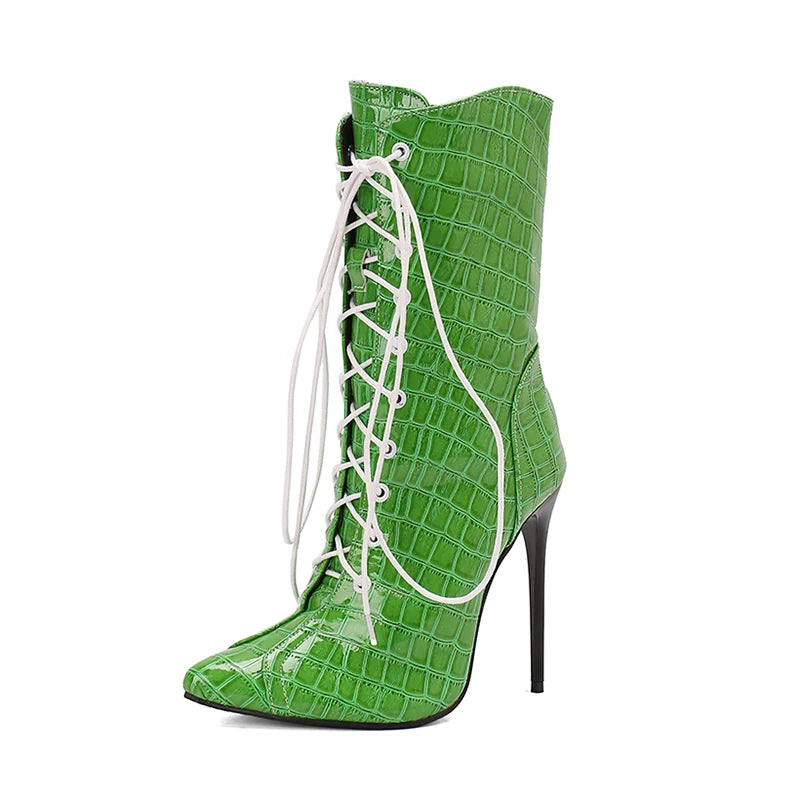 Alligator Pattern Lace Up Stiletto Ankle Boots for Women