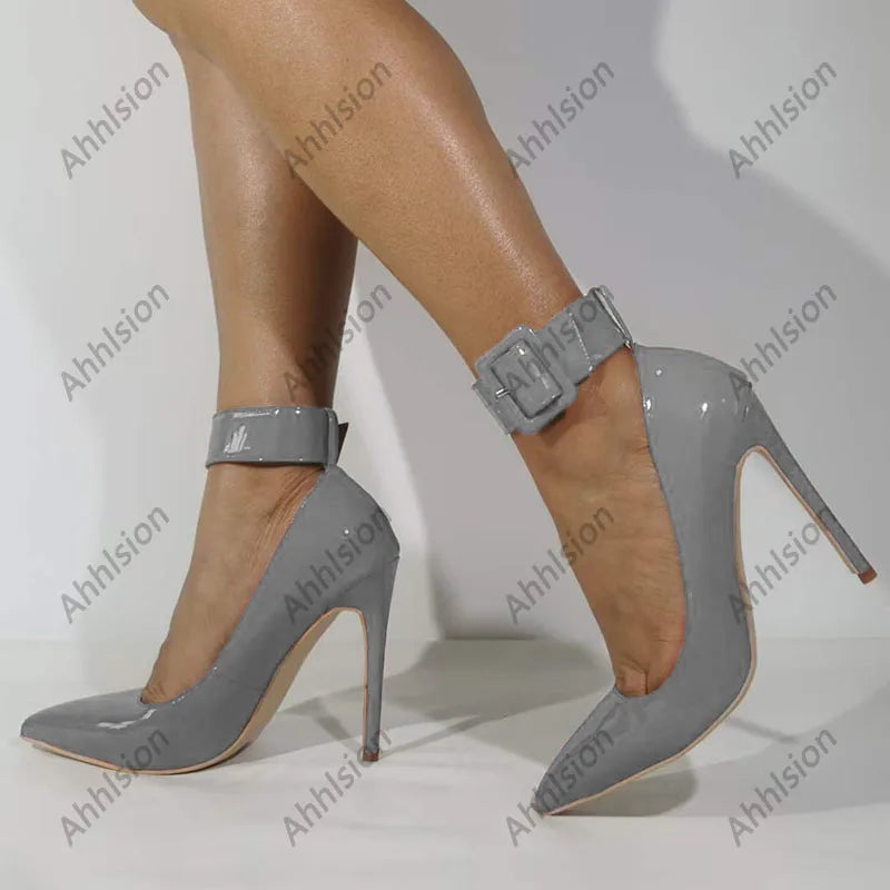 Glossy Pointed Toe Ankle Strap Stiletto Party Heels for Women